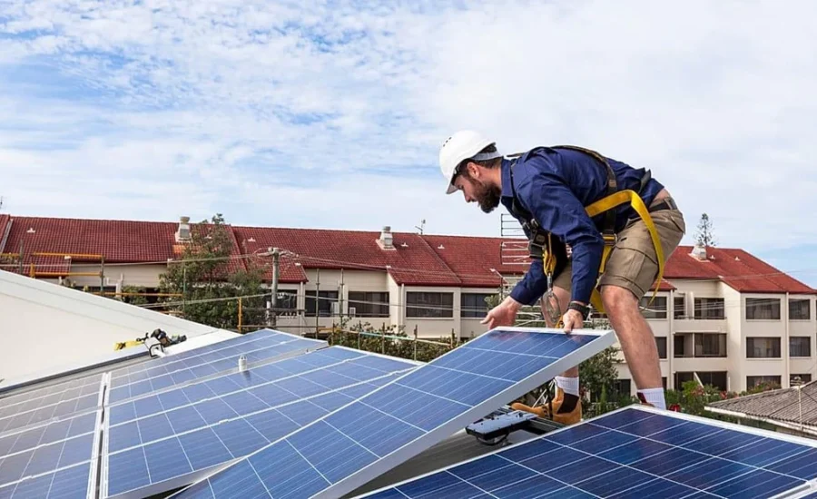 Workers are installing the home energy storage system
